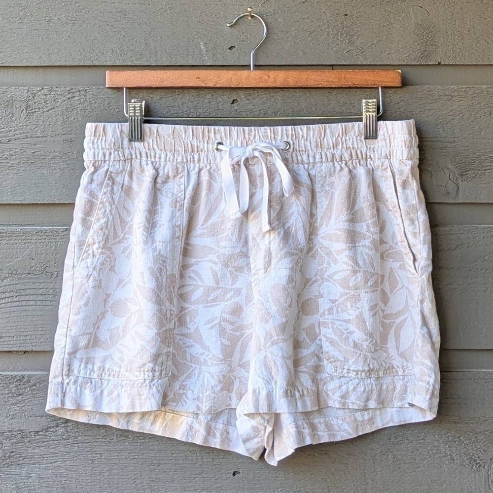 GAP Pull-On Utility Drawstring Linen Shorts White Tan Floral Pockets Small